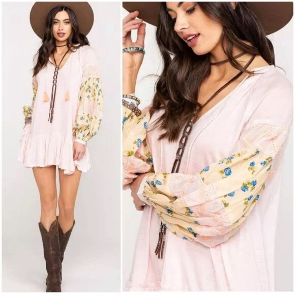 Free People Women Mix It Up Mini Tunic Dress XS Floral Boho Romantic Hippie